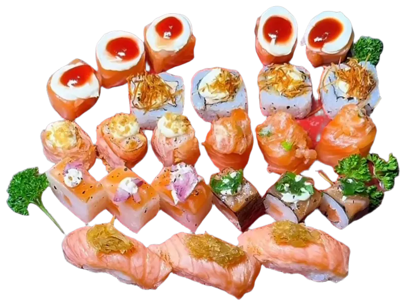 Sushis variados: niguiris maçaricados, hossomakis e joes